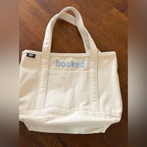 Lands' End Cream Boat Tote with Blue Embroidery
